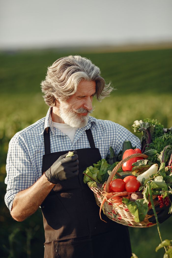 about-04 Elderly farmer holding a basket of fresh vegetables in a field on a sunny day.